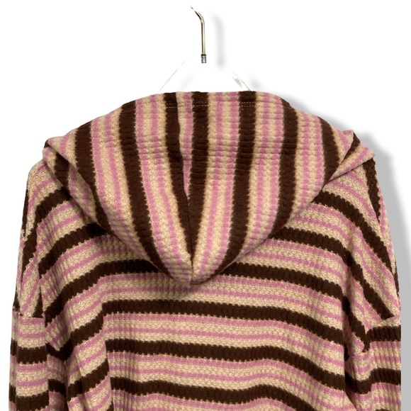 LUSH Cropped Hooded Pullover Sweater, Waffle Knit, Burgundy, Tan & Brown Stripes - Picture 6 of 13
